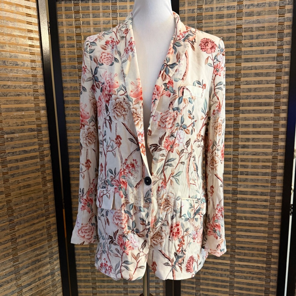 Zara Floral Bird Print Blazer Women Large Cream Botanical Notched Lapel Jacket